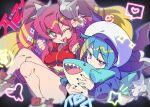  2girls blue_hair bright_pupils commentary_request duel_monster fangs hair_ornament hat highres holding holding_stuffed_toy jacket ki-sikil_(yu-gi-oh!) lil-la_(yu-gi-oh!) live_twin_ki-sikil live_twin_lil-la long_hair looking_at_viewer lying misaka_(missa) multicolored_eyes multicolored_hair multiple_girls nail_polish open_clothes open_jacket open_mouth shoes sneakers stuffed_toy twintails two-tone_hair v violet_eyes yu-gi-oh! 