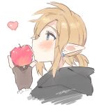  1boy bangs blonde_hair blue_eyes blush brown_gloves earrings fingerless_gloves food from_side fruit gloves grey_background hand_up heart holding holding_food holding_fruit hood hood_down jewelry link pointy_ears ponytail shiny shiny_hair simple_background solo the_legend_of_zelda the_legend_of_zelda:_breath_of_the_wild ttanuu. 