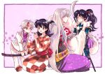  armor black_hair border brown_eyes checkered_clothes checkered_kimono facial_mark family father_and_daughter female_child full_body hair_between_eyes hair_ribbon higurashi_towa holding holding_polearm holding_sword holding_weapon inuyasha jacket japanese_clothes katana kimono kneeling leaning_forward long_hair makochan mother_and_daughter multicolored_hair one_eye_closed open_mouth pants pointy_ears polearm ponytail purple_shirt redhead ribbon rin_(inuyasha) school_uniform sesshoumaru setsuna_(inuyasha) shirt short_hair short_ponytail side_ponytail smile standing sword two-tone_hair weapon white_hair white_jacket white_pants wide_sleeves 