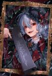  1girl alternate_costume broken_glass brooch fang glass greenkohgen gun hat hellsing highres holding holding_gun holding_weapon jewelry looking_at_viewer medium_hair mirror open_mouth red_eyes remilia_scarlet slit_pupils solo touhou weapon 