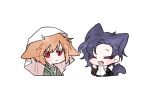  :&lt; animal_ears ascot black_jacket cat_boy cat_ears cat_tail chibi closed_eyes closed_mouth colored_eyelashes commentary_request dark_blue_hair eyebrows_hidden_by_hair fang fox_boy fox_ears frown harada_mutei jacket japanese_clothes kemonomimi_mode kimono korean_commentary light_brown_hair long_sleeves male_focus no_nose open_mouth red_eyes ruru_(rr) saibou_shinkyoku shirt short_hair simple_background smile suit_jacket tail upper_body utsugi_rangiri veil white_ascot white_background white_shirt white_veil 