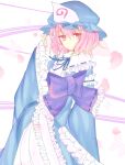  1girl blue_headwear blue_kimono blue_ribbon bow bug butterfly frilled_bow frilled_hat frilled_kimono frilled_sleeves frills hat japanese_clothes kimono large_bow long_sleeves looking_at_viewer petals pink_butterfly pink_eyes pink_hair purple_bow ribbon saigyouji_yuyuko short_hair solo touhou wasabi-a white_background 