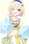  1girl bangs bike_shorts blonde_hair blue_eyes blue_hairband breasts cheerleader commentary_request dot_nose hair_over_one_eye hairband half-skirt highres idolmaster light_blush looking_at_viewer midriff navel okuzora_kohaku open_mouth pom_pom_(cheerleading) print_shirt shirt short_hair shorts simple_background skirt sleeveless sleeveless_shirt small_breasts smile solo white_shorts xayh5784 yellow_shirt yellow_skirt 