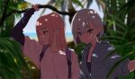  2girls backpack bag bangs blue_jacket blurry blurry_background branch cei_(sohin) forest grey_hair jacket long_hair looking_at_viewer mee_(sohin) multiple_girls nature original outdoors palm_tree pointy_ears red_eyes shade shirt short_hair sleeves_rolled_up slit_pupils sohin teardrop_facial_mark tree upper_body white_shirt 