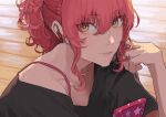  1girl airpods black_shirt bright_pupils cellphone hand_on_own_cheek hand_on_own_face idolmaster idolmaster_cinderella_girls jougasaki_mika looking_at_viewer nail_polish phone pink_hair ponytail portrait sawarakajin shirt solo star_(symbol) sweatdrop wavy_hair wireless_earphones wooden_floor yellow_eyes 