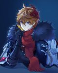  1boy absurdres ahoge aiguillette bangs black_gloves blue_eyes closed_mouth coat earrings fur-trimmed_coat fur_trim genshin_impact gloves gnosis_(genshin_impact) hair_between_eyes hand_up highres hikaru002001 holding jewelry lapels long_sleeves looking_at_viewer male_focus mask mask_on_head open_clothes open_coat orange_hair red_mask red_scarf scarf short_hair single_earring solo tartaglia_(genshin_impact) upper_body white_coat 