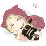  1girl animal_ears azumi_(myameco) black_thighhighs blonde_hair blush cape cat_ears chibi detached_sleeves earrings ereshkigal_(fate) fate/grand_order fate_(series) hood jewelry lying on_back red_cape single_detached_sleeve single_thighhigh sleeping spine thigh-highs zzz 
