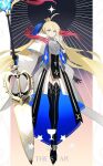  1girl absurdres ahoge armor armored_dress artoria_caster_(fate) artoria_caster_(third_ascension)_(fate) artoria_pendragon_(fate) bangs black_footwear black_gloves black_ribbon blonde_hair blue_bow blue_ribbon boots bow bracelet crown dress elbow_gloves fate/grand_order fate_(series) full_body fur_trim gloves green_eyes hair_between_eyes hair_bow hair_ribbon highres holding holding_weapon jewelry long_hair long_sleeves looking_at_viewer marmyadose_(fate) multicolored_clothes multicolored_dress multicolored_ribbon ne_f_g_o ornament red_ribbon rhombus ribbon simple_background smile solo star_(symbol) twintails very_long_hair weapon white_dress white_fur 