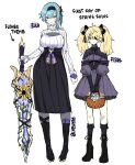  alternate_costume alternate_hairstyle aqua_hair bangs basket black_footwear black_hairband black_skirt blonde_hair bodysuit boots bow breasts chenyaas cleavage_cutout clothing_cutout dress english_commentary english_text eula_(genshin_impact) eyepatch fischl_(genshin_impact) flower full_body genshin_impact gothic_lolita greatsword green_eyes hair_bow hairband highres holding holding_basket holding_sword holding_weapon knee_boots kneehighs large_breasts lolita_fashion long_sleeves parted_lips purple_dress ribbed_sweater simple_background skirt socks standing sweater sword twintails twitter_username weapon white_background white_sweater 