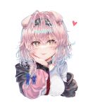  1girl 414_(hncx3355) :3 :p animal_ears arknights black_choker black_hairband blue_bow blush bow braid breasts cat_ears choker closed_mouth cropped_torso goldenglow_(arknights) hair_bow hairband hand_on_own_cheek hand_on_own_face heart highres jacket lightning_bolt_print long_hair long_sleeves looking_at_viewer medium_breasts open_clothes open_jacket orange_eyes pink_hair pink_jacket shirt simple_background single_braid smile solo tongue tongue_out upper_body white_background white_shirt 