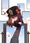  1girl absurdres arm_support bangs brown_hair chinese_clothes commentary_request flower genshin_impact ghost hair_between_eyes hat hat_flower hat_ornament head_rest head_tilt highres hu_tao_(genshin_impact) jewelry leaning_forward long_hair long_sleeves looking_at_viewer qixia red_eyes ring sidelocks smile symbol-shaped_pupils twintails 