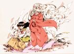  1boy 1girl animal_ears backpack bag barefoot bead_necklace beads black_hair breasts crossed_arms dog_ears flying_paper full_body green_sailor_collar green_skirt hair_between_eyes hakama hand_to_own_face higurashi_kagome inuyasha inuyasha_(character) japanese_clothes jewelry kneeling long_hair long_sleeves makochan medium_breasts neckerchief necklace open_mouth pants paper pleated_skirt red_neckerchief red_pants red_shirt sailor_collar school_uniform shirt skirt standing white_hair white_shirt wide_sleeves wind 