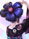  1girl arm_up black_kimono blue_eyes flower flower-shaped_hair from_behind highres hololive hololive_english japanese_clothes kimono long_sleeves ninomae_ina&#039;nis pink_flower pointy_ears print_kimono purple_hair sidelocks solo tallgeese_(lgeesel) upper_body virtual_youtuber 