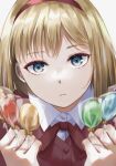  1girl bangs blonde_hair blue_eyes candy closed_mouth collared_shirt commentary_request destiny_(takt_op.) expressionless food hairband highres holding holding_candy holding_food holding_lollipop lollipop looking_at_viewer medium_hair nana_se30 neck_ribbon partial_commentary portrait red_hairband red_ribbon ribbon shirt solo takt_op._destiny white_shirt 