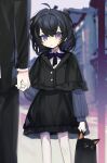  1girl 1other absurdres ahoge apartment bangs black_dress black_hair black_pants black_suit blue_necktie blue_shirt blurry blurry_background building buttons child crossed_bangs depth_of_field dithered_background dithering dot_nose dress female_child formal frilled_dress frills hair_between_eyes height_difference highres holding holding_hands holding_stuffed_toy long_sleeves medium_hair necktie original outdoors pants parted_lips rexxxlord road shirt street stuffed_animal stuffed_cat stuffed_toy suit violet_eyes 