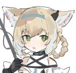  1girl animal_ear_fluff animal_ears arknights bare_shoulders black_gloves blue_hairband blush braid brown_hair fenrir_(fenriluuu) fox_ears gloves green_eyes grey_hair hair_rings hairband hands_up highres holding multicolored_hair parted_lips shirt simple_background single_glove sketch solo suzuran_(arknights) twin_braids two-tone_hair upper_body white_background white_shirt 