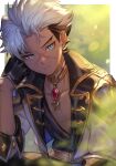  1boy bangs black_gloves black_hair blue_eyes blurry blurry_background closed_mouth earrings gloves hand_on_own_cheek hand_on_own_face head_rest highres hirosdesu jewelry looking_at_viewer male_focus multicolored_hair necklace original scar scar_on_face solo 