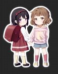  2girls :o backpack bag bangs black_footwear black_hair blue_shorts blush brown_eyes brown_hair closed_mouth denim denim_shorts dress fufu_060211 hibike!_euphonium highres holding_hands hood hoodie kousaka_reina long_hair long_sleeves looking_at_viewer multiple_girls oumae_kumiko parted_lips pink_hoodie red_bag red_dress red_socks shirt shoes short_hair shorts sleeveless sleeveless_dress smile socks standing violet_eyes white_shirt yellow_footwear yellow_socks younger 