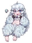  1girl :d ahoge bangs barefoot bell blue_eyes character_request fang fewer_digits full_body fur jingle_bell looking_at_viewer monster_girl navel nyong_nyong open_mouth reference_inset short_hair simple_background smile terraria toenails uneven_eyes white_background white_hair 
