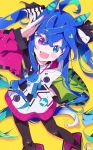  1girl :d absurdres ahoge animal_ears bangs black_pantyhose blue_eyes blue_hair blue_nails blush bokkun_(doyagaobyo) boots bow commentary_request crossed_bangs dot_nose feet_out_of_frame fingernails hand_on_hip hand_to_forehead hand_up heterochromia highres horse_ears horse_girl jacket long_hair long_sleeves looking_at_viewer messy_hair multicolored_bow multicolored_hair open_mouth pantyhose sharp_teeth sidelocks simple_background smile solo standing streaked_hair stuffed_animal stuffed_bunny stuffed_toy teeth twin_turbo_(umamusume) twintails umamusume upper_teeth very_long_hair violet_eyes white_hair yellow_background 