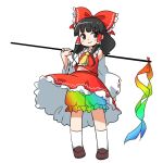  1girl ascot black_hair bloomers bow brown_footwear closed_mouth frilled_ascot frilled_bow frilled_hair_tubes frilled_skirt frills full_body gohei hair_bow hair_tubes hakurei_reimu happy itatatata kneehighs long_hair midriff rainbow_gradient red_bow red_skirt red_vest simple_background skirt smile socks solo touhou underwear vest white_background white_socks yellow_ascot 