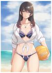  1girl beach bikini blue_eyes bow_swimsuit collar dead_or_alive earrings female highres jewelry konishiki_(52siki) long_hair looking_at_viewer midriff mound_of_venus nanami_(doa) ocean open_mouth sky smile solo swimsuit volleyball volleyball_ball 