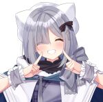  1girl alternate_costume blush closed_eyes grey_hair grin hair_ornament hat highres kaga_sumire medium_hair pointing pointing_at_self portrait simple_background smile solo syurimp virtual_youtuber vspo! white_background winter_clothes 