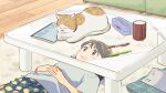  1girl blue_shirt brown_eyes brown_hair carpet cat commentary_request cup glass_table hands_on_own_stomach highres indoors interlocked_fingers kojiro337 light_blush long_hair lying mug notebook on_back original pen pencil pencil_case shirt short_sleeves smile solo table 