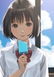  1girl backlighting black_hair blush bob_cut bow bowtie brown_eyes food highres holding holding_food kyak_bamboo looking_at_viewer original popsicle school_uniform short_hair sky solo tongue tongue_out upper_body window 
