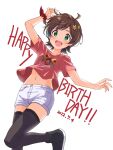  1girl ahoge bangs black_footwear black_thighhighs breasts brown_hair check_commentary collarbone commentary_request damokan66 dated denim dot_nose green_eyes hair_ornament hairclip hand_up happy_birthday highres idolmaster idolmaster_million_live! idolmaster_million_live!_theater_days kinoshita_hinata leg_up legs light_blush looking_at_viewer midriff_peek navel open_mouth pleated_pants print_shirt red_scrunchie red_shirt scrunchie shirt short_hair short_shorts short_sleeves shorts small_breasts smile solo star_(symbol) star_hair_ornament t-shirt thigh-highs thighs white_background white_shorts wrist_scrunchie zettai_ryouiki 