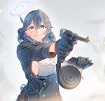  1girl aiming ako_(blue_archive) bell blue_archive blue_coat blue_hair blue_hairband blue_jacket breasts buttons clipboard coat cowbell daito double-breasted drum_magazine earrings gloves gun hair_between_eyes hairband half_gloves halo handgun holding holding_clipboard holding_gun holding_weapon jacket jewelry luger_p08 magazine_(weapon) neck_bell red_ribbon ribbon sideboob smoke upper_body weapon 