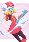 1girl :d black_bodysuit blonde_hair blue_eyes bodysuit boots breasts dress gloves harp harp_note heart helmet instrument kika_tohoku long_hair looking_at_viewer medium_hair mega_man_(series) mega_man_star_force open_mouth pointing red_dress red_footwear red_gloves red_headwear scarf small_breasts smile sonia_strumm_(mega_man) white_scarf