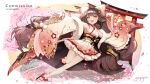  1girl animal_ears azur_lane black_footwear bow brown_hair cherry_blossoms commission detached_sleeves falling_petals fang frilled_skirt frills full_body fur-trimmed_sleeves fur_trim gaogao_(gaogaomegu) geta hair_bow hair_ornament harutsuki_(a_dance_for_the_coming_spring)_(azur_lane) harutsuki_(azur_lane) highres japanese_clothes kanzashi kimono kimono_skirt long_hair long_sleeves obi obijime open_mouth outstretched_arm petals sash short_kimono skeb_commission skin_fang skirt smile solo tabi thigh-highs torii tree very_long_hair white_thighhighs wide_sleeves yellow_eyes 
