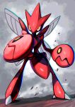  commentary_request full_body highres horns legs_apart no_humans pincers pokemon pokemon_(creature) scizor smoke solo standing tesshii_(riza4828) yellow_eyes 