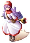  1girl 2020 blush boots breasts closed_mouth curly_hair dragon_quest dragon_quest_ii dress full_body hood long_hair looking_at_viewer muranako princess_of_moonbrook purple_hair signature simple_background smile solo staff white_background 