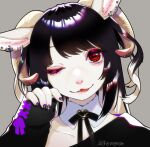  1girl :3 animal_ears black_hair black_nails black_ribbon body_fur colored_tips cross-laced_sleeves detached_collar ear_piercing furry furry_female grey_background hand_up head_tilt horizontal_pupils horns ko-on_(ningen_zoo) long_hair long_sleeves looking_at_viewer multicolored_hair neck_ribbon one_eye_closed original piercing portrait red_eyes ribbon sheep_ears sheep_girl sheep_horns sleeves_past_wrists solo tongue tongue_out twitter_username two-tone_hair white_fur white_hair white_nails 