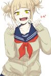  1girl aneco_(westsea1227) blonde_hair blush boku_no_hero_academia double_bun fingernails hair_bun highres looking_at_viewer open_mouth pointing pointing_at_self simple_background sketch sleeves_past_wrists smile solo teeth toga_himiko tongue white_background yellow_eyes 