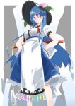  1girl black_headwear blue_hair blue_skirt food from_below fruit hands_on_hips hat highres hinanawi_tenshi holding holding_sword holding_weapon long_hair mr._pepe_r peach puffy_short_sleeves puffy_sleeves rainbow_order short_sleeves skirt solo standing sword sword_of_hisou touhou weapon 
