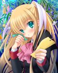  1girl black_jacket blonde_hair blue_eyes bow bowtie commentary_request foreshortening hamada_mari jacket little_busters! long_hair pink_bow pink_bowtie school_uniform solo tanabata tanzaku tokido_saya twintails upper_body 