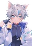  1boy bangs belt_collar blue_eyes collar cup drinking_glass fingerless_gloves gloves highres holding holding_cup kemonomimi_mode looking_at_viewer male_focus memo_haco mug original smile solo white_hair 