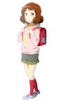  1girl :o backpack bag bangs blue_footwear blue_shorts blush brown_eyes brown_hair curly_hair greco hands_up hibike!_euphonium highres hood hoodie long_sleeves looking_at_viewer oumae_kumiko parted_lips pink_hoodie red_bag red_socks shoes short_hair shorts simple_background sneakers socks solo standing white_background younger 