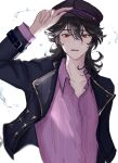  1boy adjusting_clothes adjusting_headwear alternate_costume alternate_hair_length alternate_hairstyle arm_up bangs black_coat black_hair blurry bracelet buckle coat collarbone depth_of_field ensemble_stars! fangs gold_trim hair_between_eyes hat highres holding holding_clothes jewelry long_hair looking_at_viewer male_focus nmtmfa open_mouth purple_shirt red_eyes sakuma_ritsu shirt simple_background solo sweat sweatdrop teeth upper_body upper_teeth water white_background 