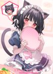  1girl animal_ear_fluff animal_ears apron black_hair blue_dress blush braid cat_ears cat_girl cat_tail covering_mouth dress embarrassed highres maid_headdress original poncho_(31103105) red_eyes ribbon short_dress short_hair solo tail tray waitress white_apron 