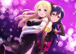  2girls arm_up ayase_eli back-to-back bangs bare_shoulders black_dress black_gloves blonde_hair blue_eyes blue_hair blush commentary_request cowboy_shot dress earrings elbow_gloves eyes_visible_through_hair gloves hair_between_eyes hair_ornament hand_in_own_hair highres jewelry long_hair looking_at_viewer love_live! love_live!_school_idol_project multiple_girls nanatsu_no_umi open_mouth ribbon sleeveless sleeveless_dress soldier_game sonoda_umi strap_slip swept_bangs white_gloves yellow_eyes 