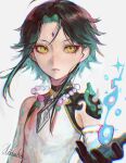 1boy absurdres artist_name beads black_hair blue_hair genshin_impact highres jewelry lips magic multicolored_hair necklace short_hair simple_background solo tukagamikagera023 upper_body white_background xiao_(genshin_impact) yellow_eyes 