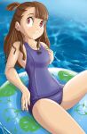  1girl absurdres blue_swimsuit breasts brown_hair chadgarciaburg highres innertube kagari_atsuko little_witch_academia looking_at_viewer one-piece_swimsuit red_eyes school_swimsuit small_breasts swimsuit water witch 