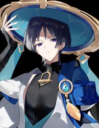 1boy anemo_symbol_(genshin_impact) arm_at_side armor black_background black_bodysuit black_bridal_gauntlets black_hair blue_cape blue_gem blue_hat blue_jingasa blue_kimono blue_pupils blue_sleeves blunt_ends bodysuit bridal_gauntlets cape choppy_bangs clenched_teeth covered_collarbone eyeliner feathers furrowed_brow gem genshin_impact gold hand_up hat highres japanese_armor japanese_clothes jingasa juban kimono kote kurokote layered_sleeves looking_at_viewer makeup male_focus mandarin_collar nitenmanten0 open_clothes open_hand open_kimono pom_pom_(clothes) portrait red_eyeliner scaramouche_(genshin_impact) short_sleeves shoulder_peek side_cape solo teeth tsurime violet_eyes wanderer_(genshin_impact) white_kimono white_sleeves white_trim wolf_cut yellow_feathers 