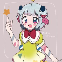  1girl blue_hair bow bubble_skirt collared_dress dreamy_chelsea dress hair_ornament heart highres looking_at_viewer magical_girl mahou_shoujo_ikusei_keikaku mahou_shoujo_ikusei_keikaku_breakdown multicolored_eyes multicolored_hair open_mouth pink_bow puffy_short_sleeves puffy_sleeves short_sleeves skirt smile solo star_(symbol) star_hair_ornament two-tone_eyes two-tone_hair v8y_vkaname violet_eyes yume_kawaii 