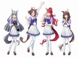  4girls ahoge animal_ears arm_up blue_eyes blunt_bangs blush bow bowtie braid braided_sidelocks breasts brown_eyes brown_hair brown_shoes camera chrono_genesis_(umamusume) closed_mouth commentary_request curren_bouquetd'or_(umamusume) ear_covers facial_mark gran_alegria_(umamusume) grey_eyes grey_hair hair_between_eyes hair_ornament hairband half-heart_hands heart heart_facial_mark heart_on_cheek highres holding holding_camera horse_ears horse_girl horse_tail hoshino_(masssssh) large_breasts long_hair looking_at_viewer loves_only_you_(umamusume) low_twin_braids male_focus medium_breasts medium_hair mismatched_ear_covers multicolored_hair multiple_girls open_mouth pleated_skirt puffy_short_sleeves puffy_sleeves purple_bow purple_bowtie purple_shirt red_hair sailor_collar sailor_shirt school_uniform shirt shoes short_sleeves sidelocks simple_background skirt small_breasts smile streaked_hair tail thigh-highs tracen_school_uniform twin_braids umamusume very_long_braid white_background white_skirt white_streaks white_thighhighs x_hair_ornament yellow_eyes 