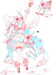  animal_ears blue_eyes curly_hair diepse_d dress feathered_wings frilled_dress frilled_skirt frilled_thighhighs frills hair_ornament highres holding holding_staff indie_virtual_youtuber lolita_fashion long_hair magical_girl mizu_aki multicolored_hair second-party_source shoes skirt smile staff thigh-highs white_background wings 